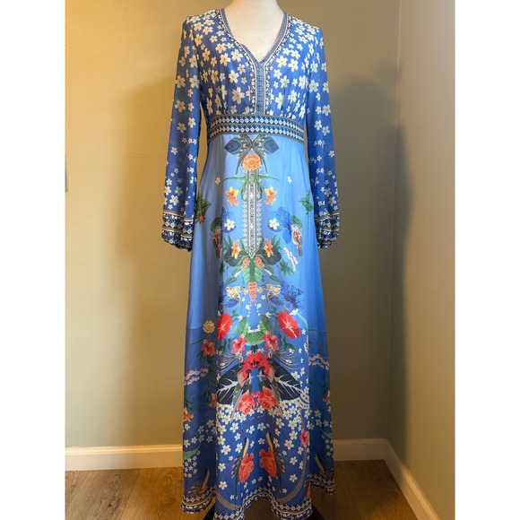 Dresses & Skirts - Boho Blue Floral Maxi Dress Long Sleeve whimsi romantic flowy silk Medium pink